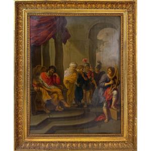 Erasmus Quellinus Ii, David Playing The Harp Before Saul, 17th Century Oil On Copper.