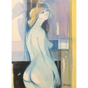 Camille Hilaire: "blue Nude From Behind", Signed Watercolor.