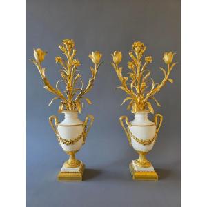 Signed Eugène Hazart, Large Candelabra With Bouquets. 70 Cm.