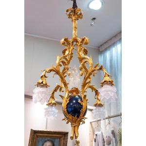 Bronze Chandelier With Blue Enamel Painted Ball Late Nineteenth
