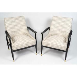 Pair Of Armchairs In Black Lacquered And Varnished Wood