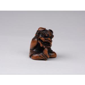 Netsuke In Wood Carved By Sukeyuki - Shishimai Dancer. Japan Edo