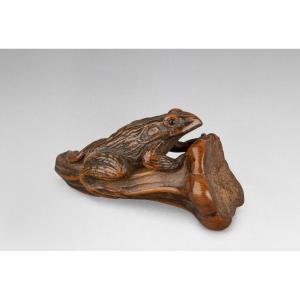 Netsuke - Frog Perched On A Colocynth Tail. Japan Edo