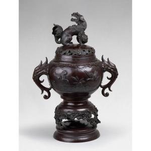 Bronze Incense Burner / Censer – Koro Decorated With Birds And A Large Shishi Japan