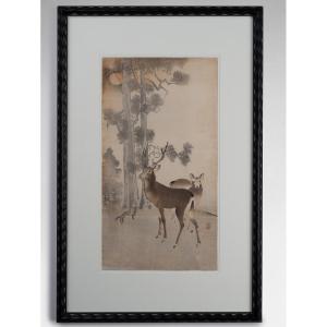 Japanese Print Koson Ohara (1877-1845) Couple Of Deer In A Landscape. Japan