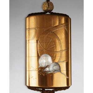 By Kakosai Shozan – Important Inro. Rats And Rice Balls. Gold Background. Japan Edo, 19th Century