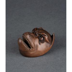 Netsuke, Kyogen Mask Representing A Fox, Kitsune, Japan Edo, Meiji, Asian Art