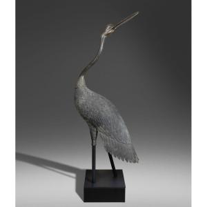 Sculpture - Rare And Important Bronze Crane. Japan Edo