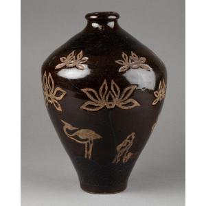 Stoneware Vase - Lotus And Crane