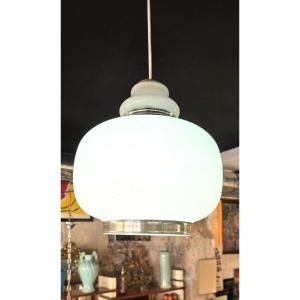 Vintage Opaline White And Chrome Pendant Light