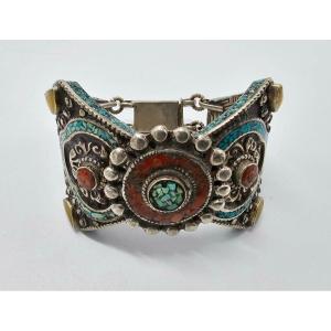 Antique Tibetan Silver Bracelet With Turquoise, Red And Yellow Coral Decor 