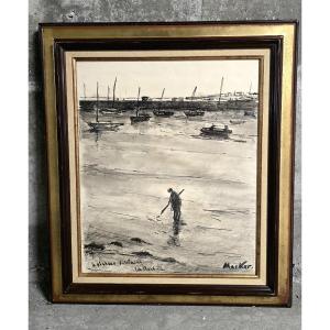 Henri Macker (1896 - ?) - Charcoal On Paper - The Solitary Fisherman La Rochelle 