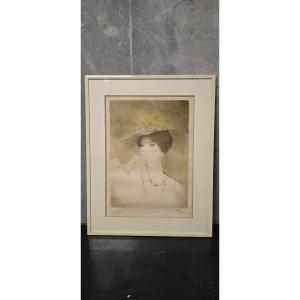 Lithograph Bernard Charoy Woman With Hat Signed