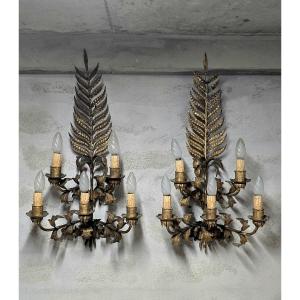 Pair Of Large Golden Wall Lights, 1950s