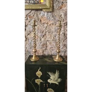 Pair Of Gilt Bronze Candlesticks, 19th Century - 59 Cm