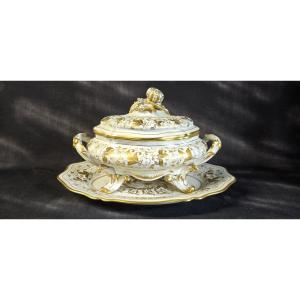 Le Tallec (paris) - Covered Tureen And Its Stand In Porcelain – Gilded Vegetal Decoration 