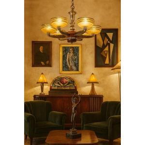 Petitot Art Deco Chandelier – 5 Lights – Wood, Metal And Amber Glass, 1920