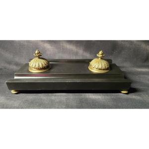 Antique Double Inkwell In Black Marble And Bronze – Late 19th / Early 20th Century