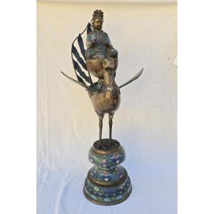 Bronze And Cloisonné Enamel Statue Of Guanyin On A Peacock - China - H 82 Cm