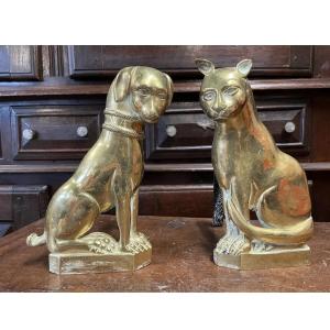 Pair Of 18th Century Bronze Andirons Dog Cat Andirons Fireplace High Period Russia