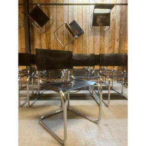 Set Of 20 Black Leather Chairs By Matteo Grassi For Fasem, Marcel Breuer Knoll
