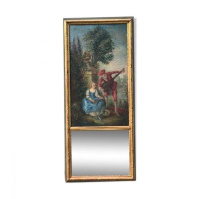 Trumeau Mirror Painting Galante Scene Golden Wood