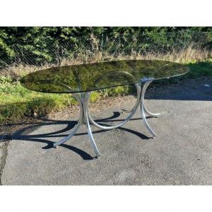 Large Chrome Glass Table Design Arabescato Roche Bobois Osvaldo Borsani Tecno