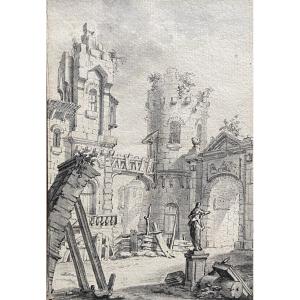 18th Century French School, Courtyard Of A Ruined Palace, Pen Drawing