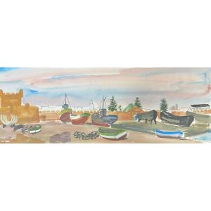 Jean Launois (1898-1942) North African Landscape, A Port, Signed Watercolor