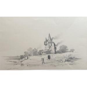 Jules Noël (1810-1881) Landscape With A Manor And A Traveler, Signed Drawing