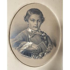 French School Of The 19th Century Portrait Of A Boy Holding A Book, Drawing