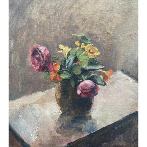Maurice Asselin (1882-1947) Bouquet Of Roses And Nasturtiums, Oil On Canvas Signed