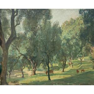 Octave Denis Victor Guillonnet (1872 - 1967) Les Oliviers, Oil On Panel, Signed
