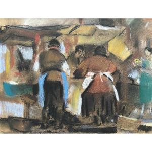 Henry Ottmann (1877-1927) Market Stall 1925, Pastel Signed