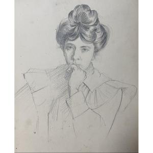 André Eugène Costilhes (1865-1940) Pensive Young Woman, Drawing