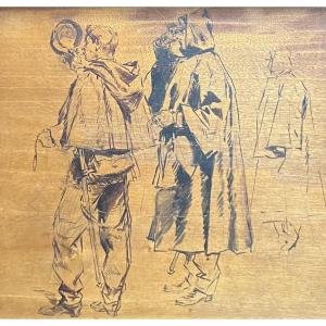 Edouard Detaille (1848-1912) Soldiers, Study, Black Ink On Wood Panel