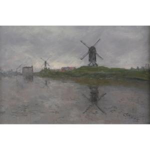 Siebe Johannes Ten Cate (1858-1908) Bruges, Windmill Canal, 1894, Pastel Signed And Dated