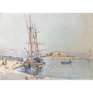 Paul Lecomte (1842-1920) The Port Of Antibes, Sailboats At The Quay, Signed Watercolor