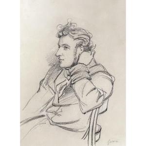 Paul Gavarni (1804-1866) Portrait Of A Young Man Leaning On A Chair, Signed Drawing