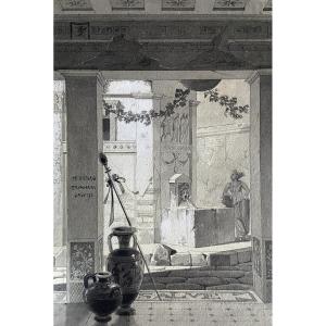 French School Of The 19th Century, An Antique Atrium, Signed Drawing