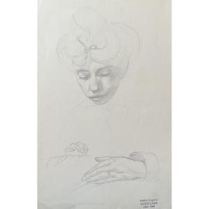André Eugène Costilhes (1865-1940) A Young Woman Sewing, Drawing 