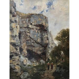 Charles Montlevault (1835-1897) Walkers Along A Cliff, Oil On Canvas Signed