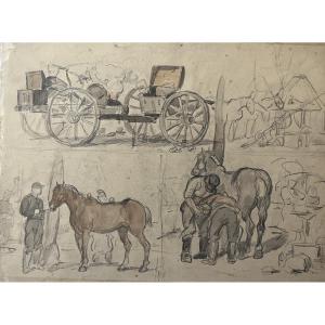 Auguste Gardanne (1840-1890) Coaches And Horses, War Of 1870, Double-sided Watercolor
