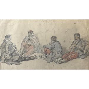 Auguste Gardanne (1840-1890) Soldiers At Rest, War Of 1870, Watercolor