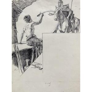 Felician Myrbach (1853-1940) Sahagun's Gift, Pen Drawing