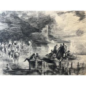 Edouard Dufeu (1836-1900) Fantastic Scene On The Edge Of A Lake, Signed Drawing