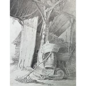 French School, 18th Century, Interior Of A Barn, Drawing