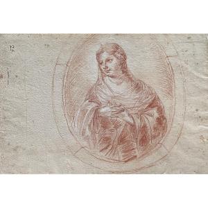 French School, 18th Century, Portrait Of A Lady In A Tondo, Red Chalk Drawing