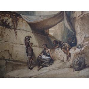 Romantic School, Woman, Child And Soldiers, Antique Scene, 1847, Watercolor