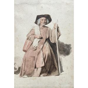 French School, 19th Century, An Old Man Seated, Watercolor